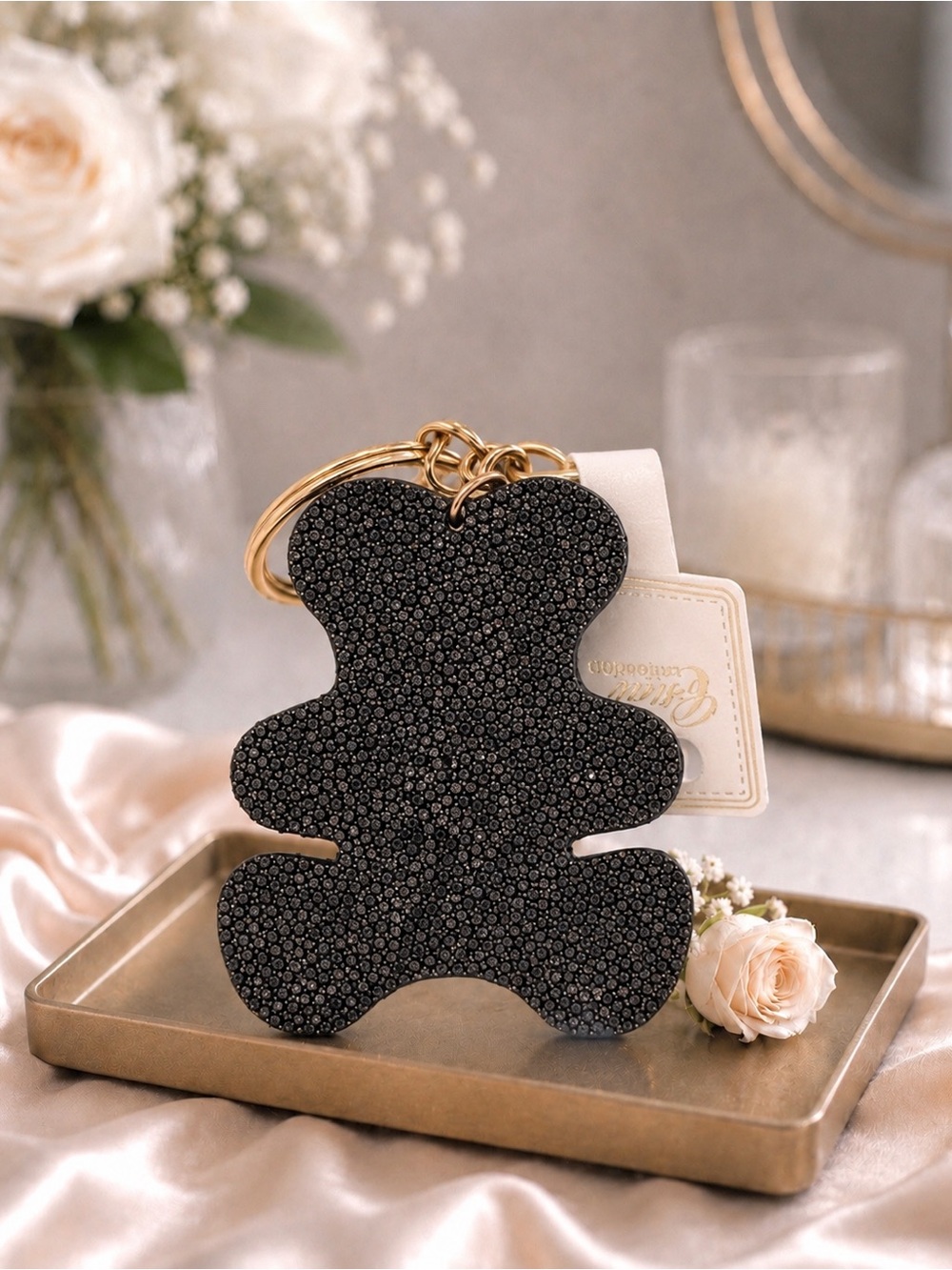 Black Textured Sequins Bear Keychain
